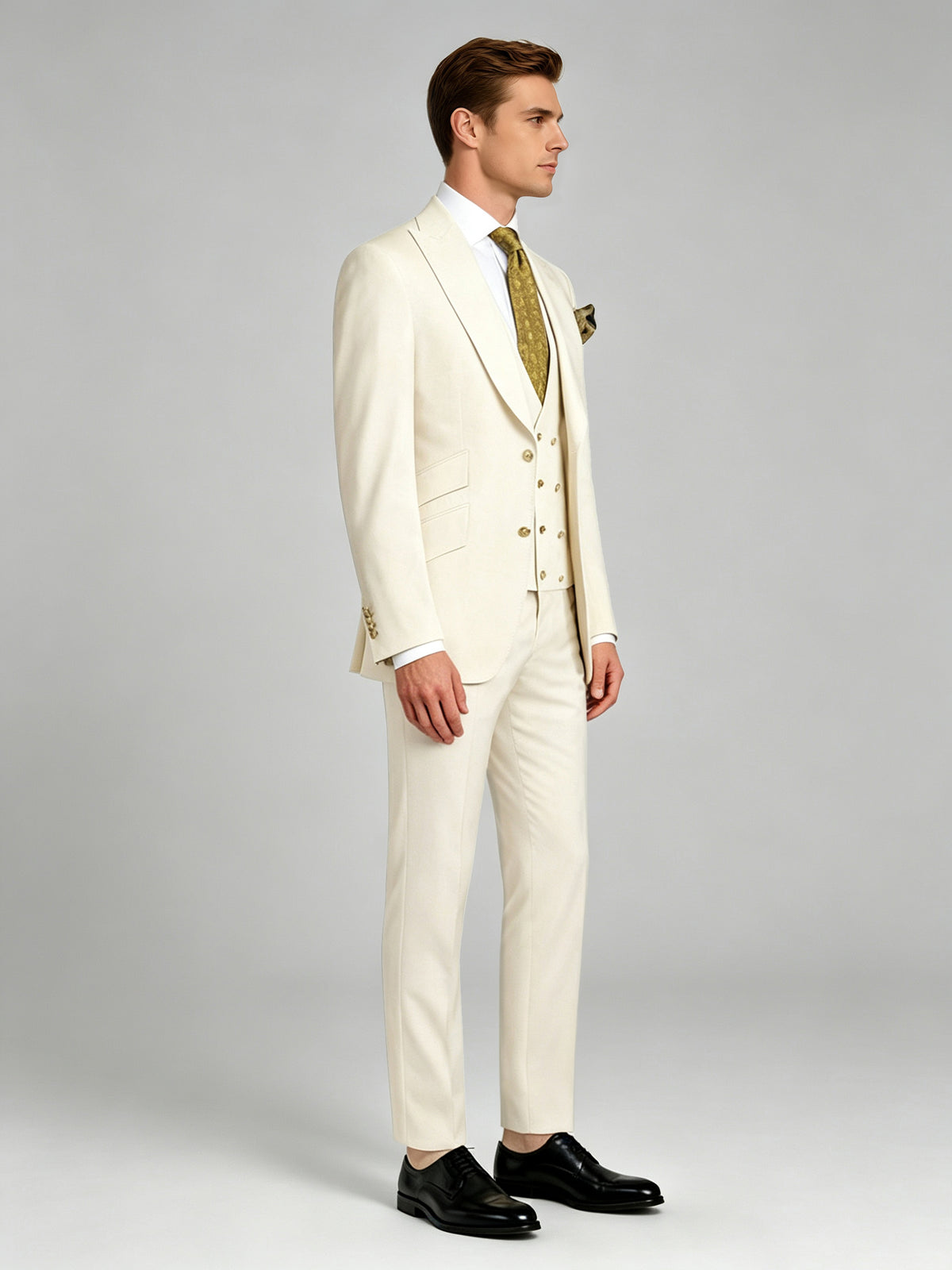 Cicinia Beige Men's Suits 3 Pieces Suit Double Breasted Vest Wedding Tuxedo Formal Outfit