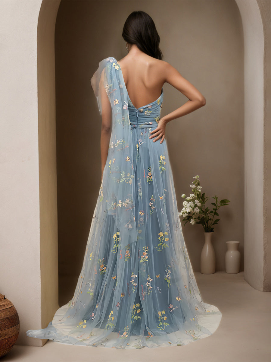 Cicinia Dusty Blue Prom Dresses Long Lace Tulle A-line One Shoulder Sleeveless Floor Length