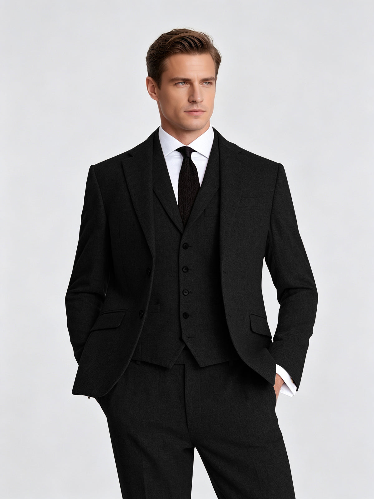 Cicinia Black Men's Suits 3 Pieces Notch Lapel Suit Set Wool Texture Slim Fit Jacket Vest Trousers