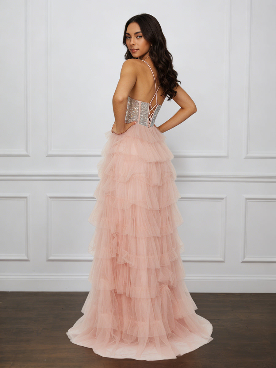 Cicinia Pearl Pink Prom Dresses Long Tulle A-line Spaghetti Straps Layered Slit Gowns