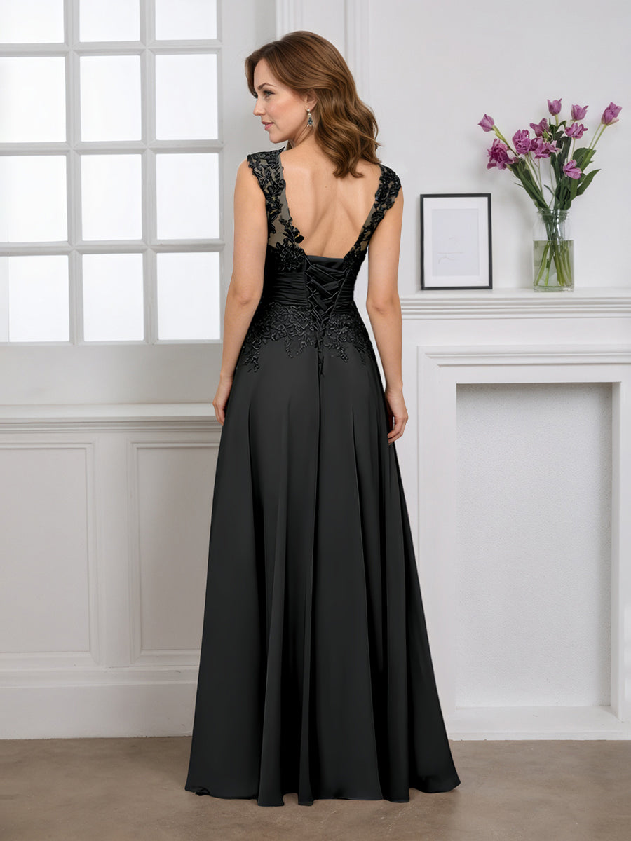 Cicinia Black Mother Of The Bride Dress Long Chiffon Appliques Lace A-line Floor Length V-neck