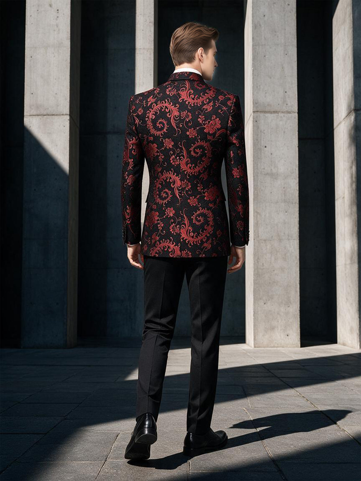 Cicinia Shawl Lapel Slim Fit Floral Jacquard Double Breasted 2 Pieces Black Red Men's Suits