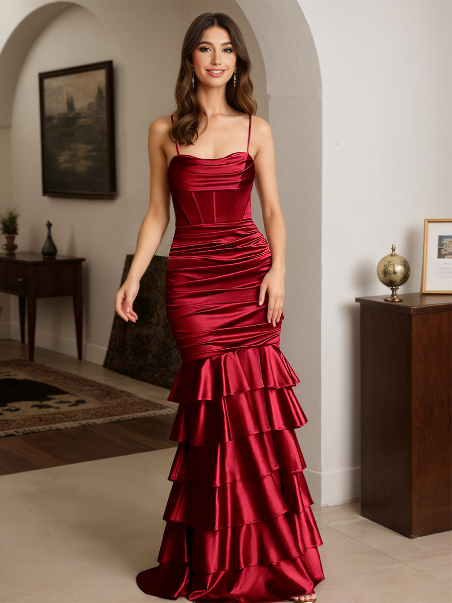 Cicinia Burgundy Prom Dresses Long Stretch Satin Ruffles Sheath Slit Spaghetti Straps Gowns