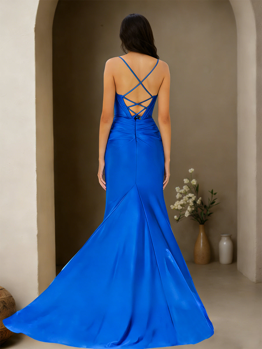 Cicinia Royal Blue Prom Dresses Long Stretch Fabric Sheath Spaghetti Straps Backless