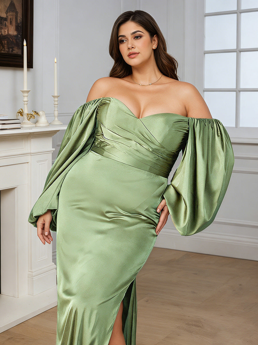 Dusty Sage Long Sleeves Evening Gown Sheath Side Slit Prom Dress