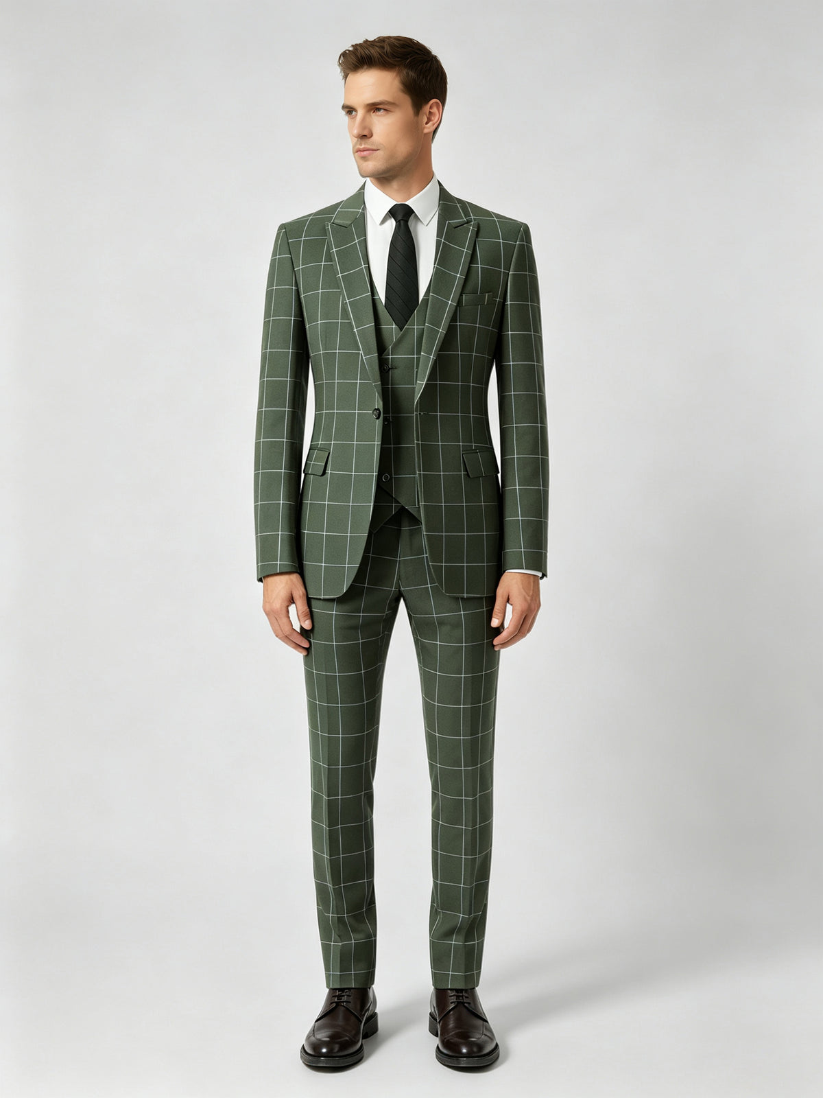 Cicinia Olive Green Men's Suits Windowpane Plaid 3 Pieces Suit Notch Lapel Slim Fit Jacket Vest And Straight Trousers