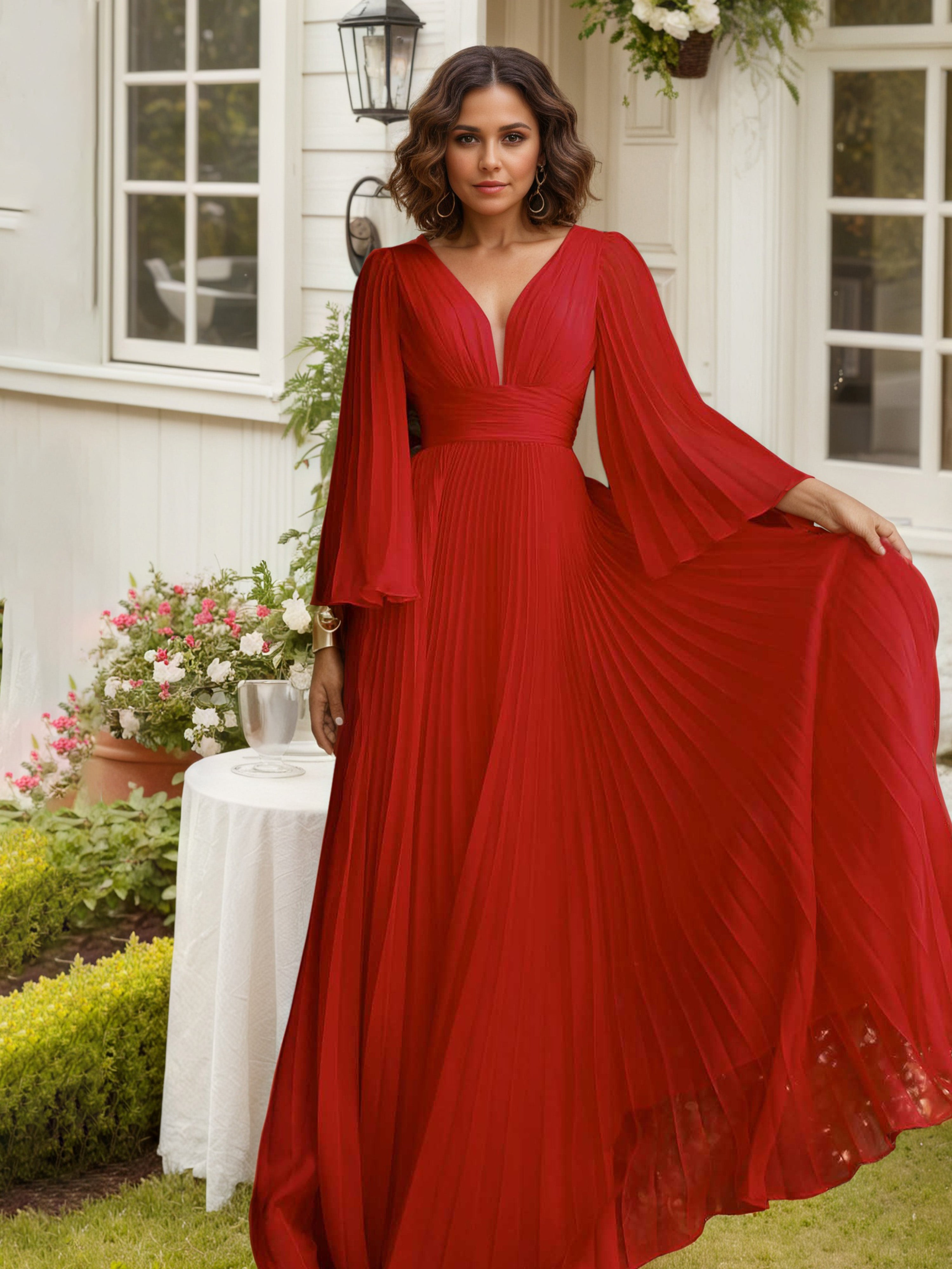 Red Mother Of The Bride Dresses Pleated Chiffon Long Sleeves Mother Of Bride Dress Red Mother Of The Bride Dresses Pleated Chiffon Long Sleeves Mother Of Bride Dress