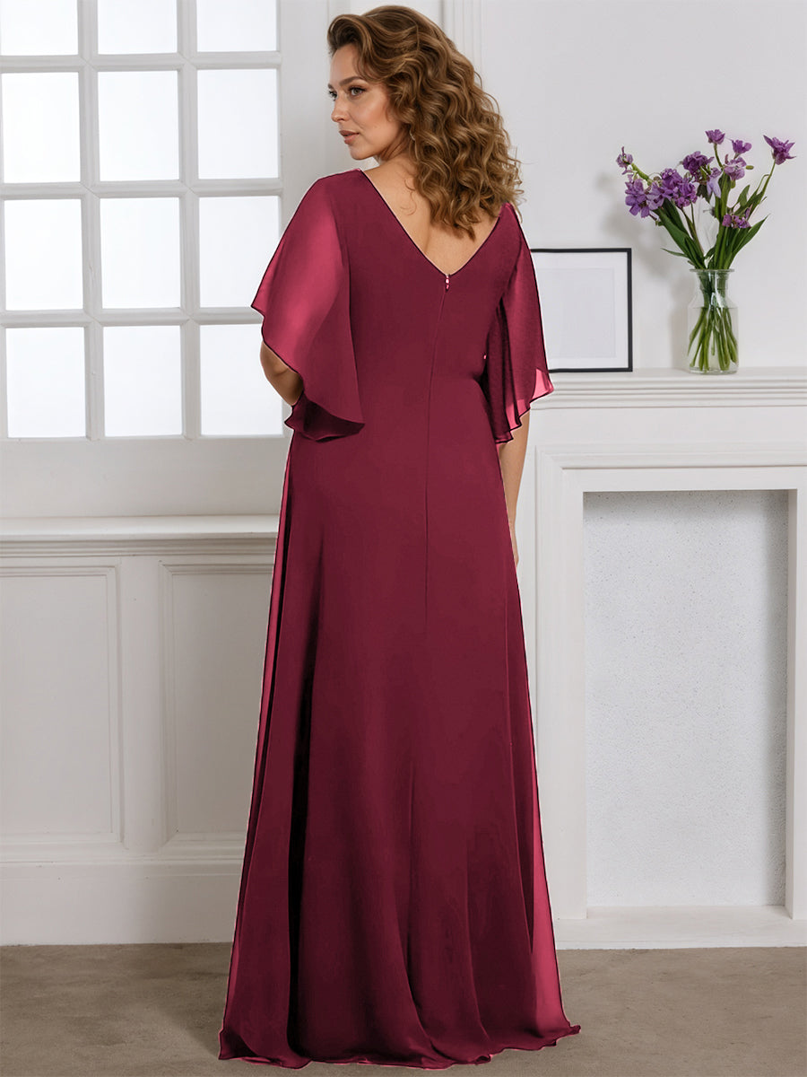 Cicinia Burgundy Mother Of The Bride Dress Long Chiffon Plus Size A-line Flutter Sleeves Floor Length