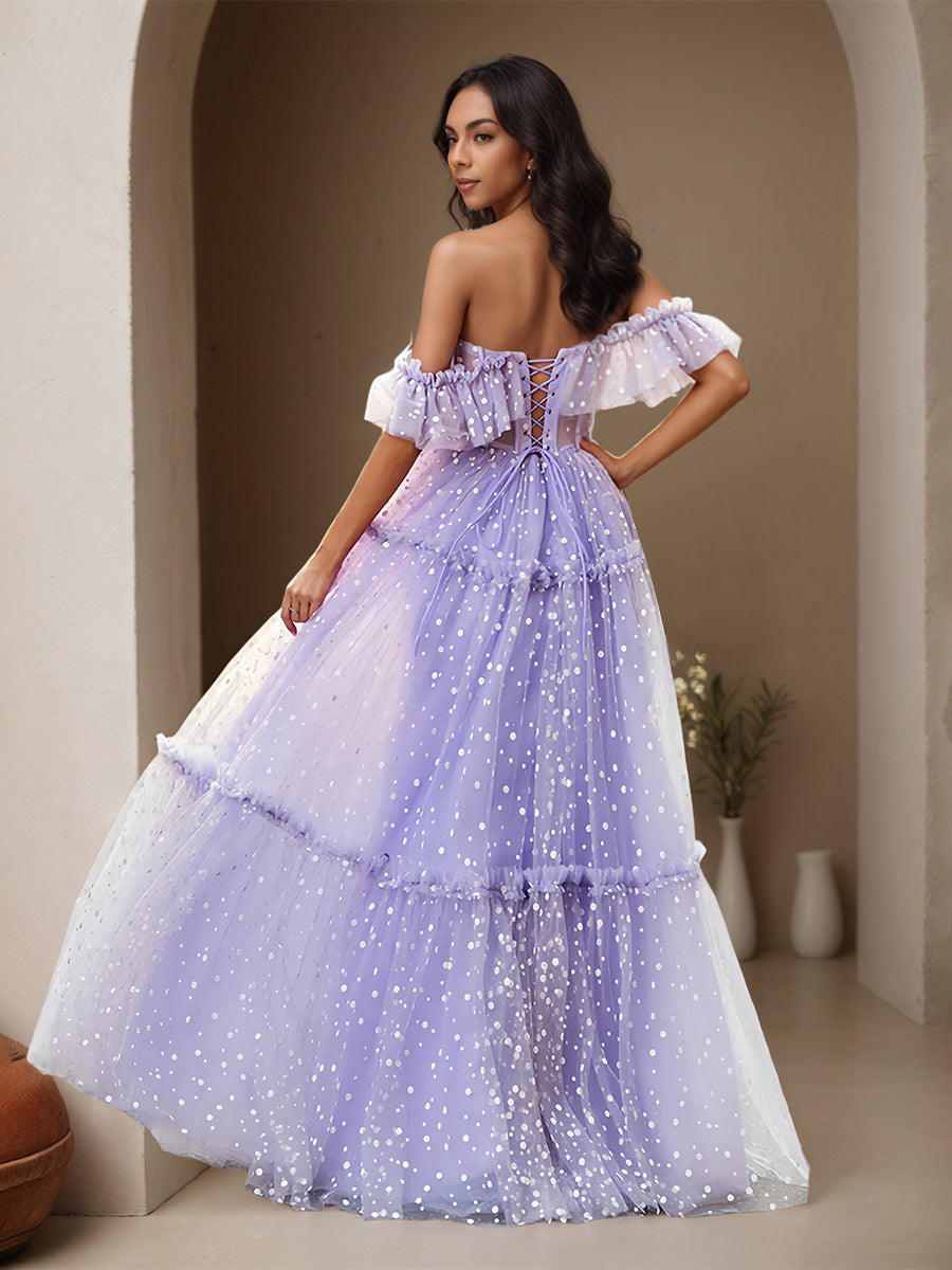 Cicinia Lilac Prom Dresses Long Polka Dot Tulle A-line Off The Shoulder Ruffle Floor Length