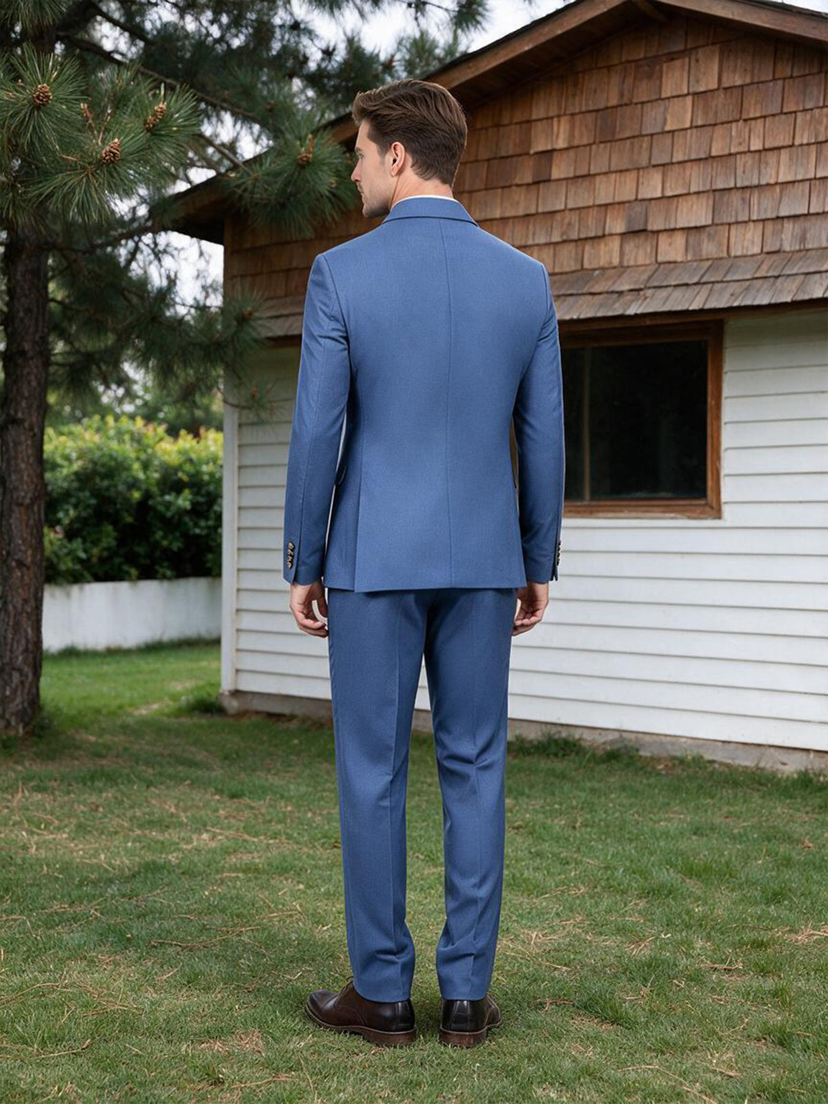 Cicinia Slate Blue Men's Suits 2 Pieces Camp Collar Multi Pocket Slim Fit Suit