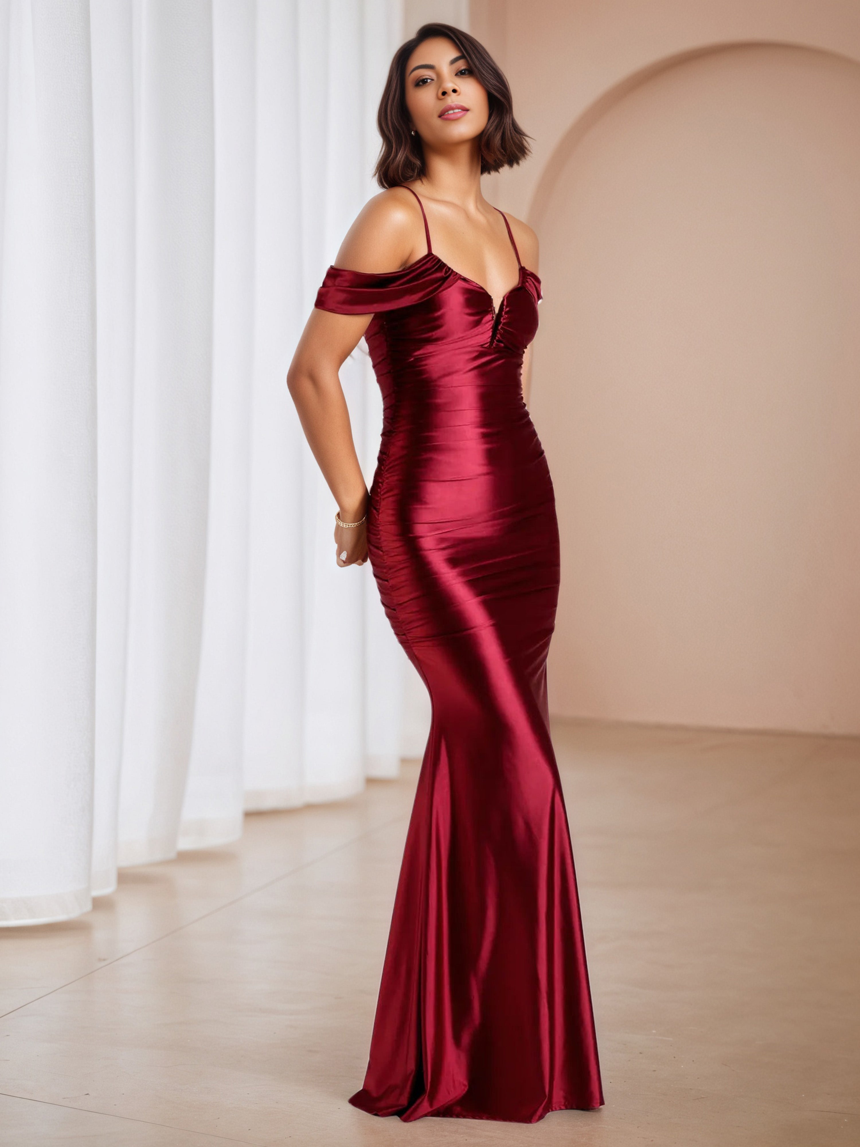 Spaghetti Straps Notched Off The Shoulder Burgundy Wedding Guest Dress