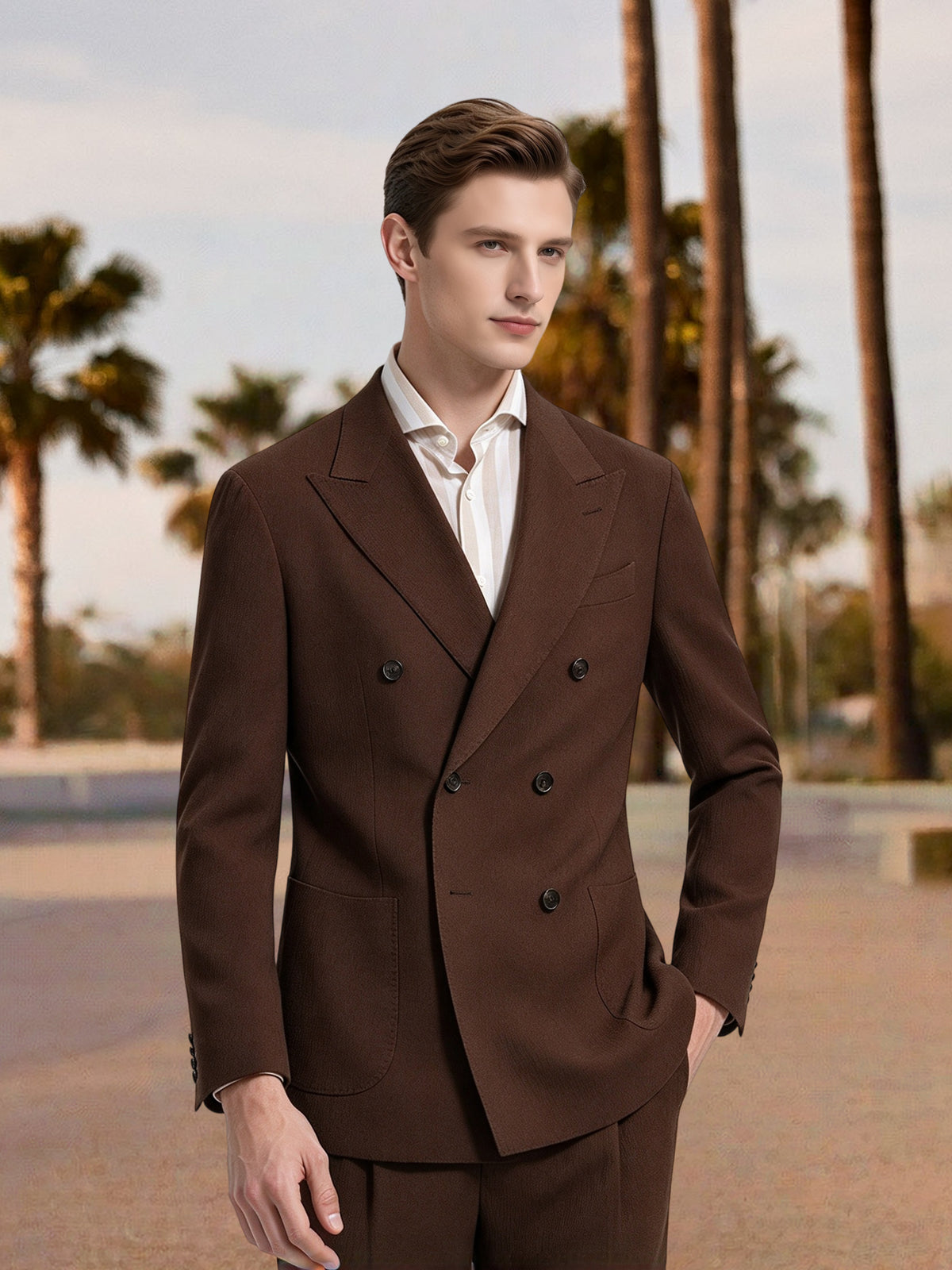 Cicinia Men's Brown Double Breasted 2 Piece Suit Slim Fit Peak Lapel Retro Wedding Suit Jacket With Pants