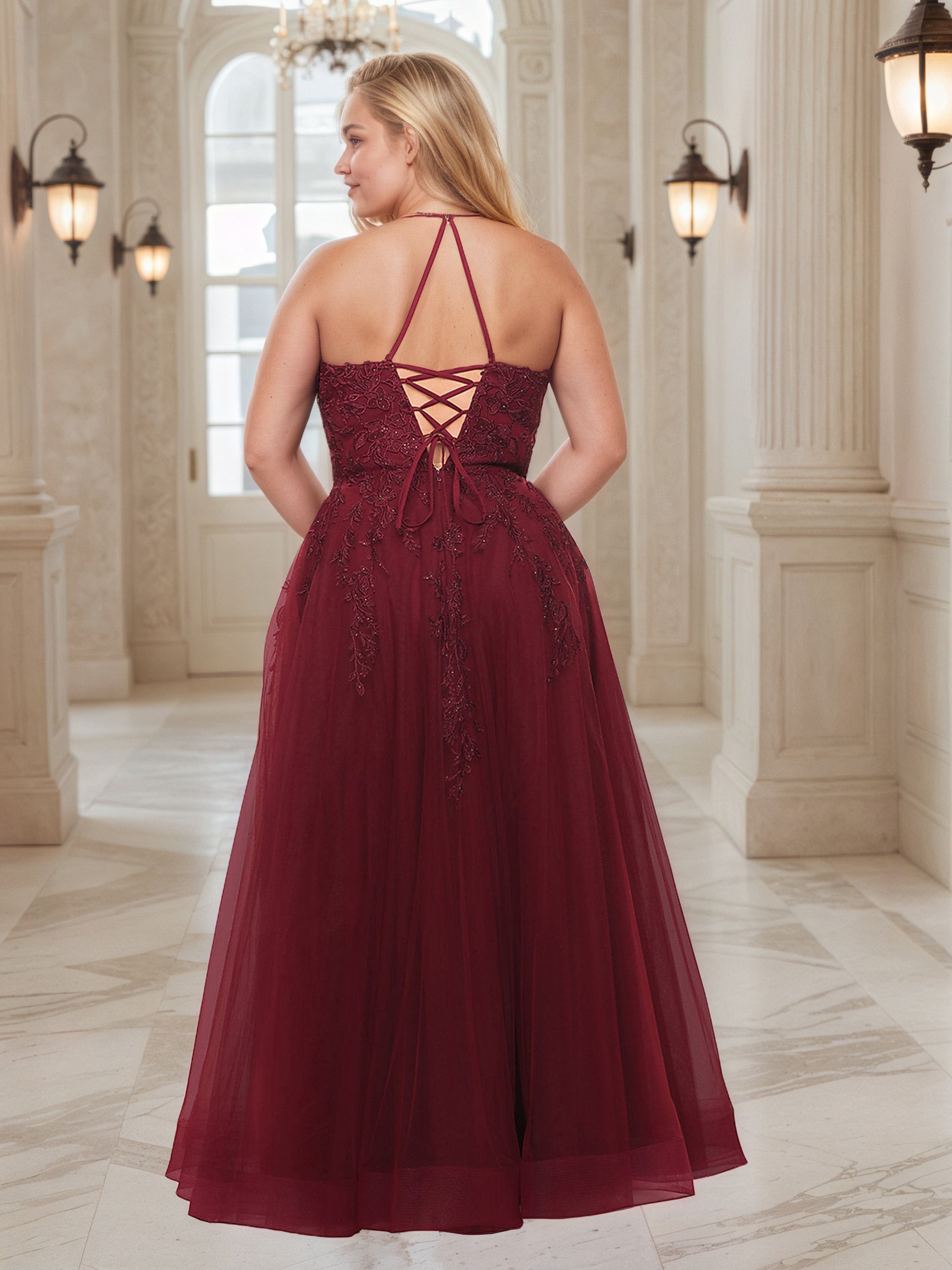 Beautiful Burgundy Tulle Plus Size Prom Dress With Split