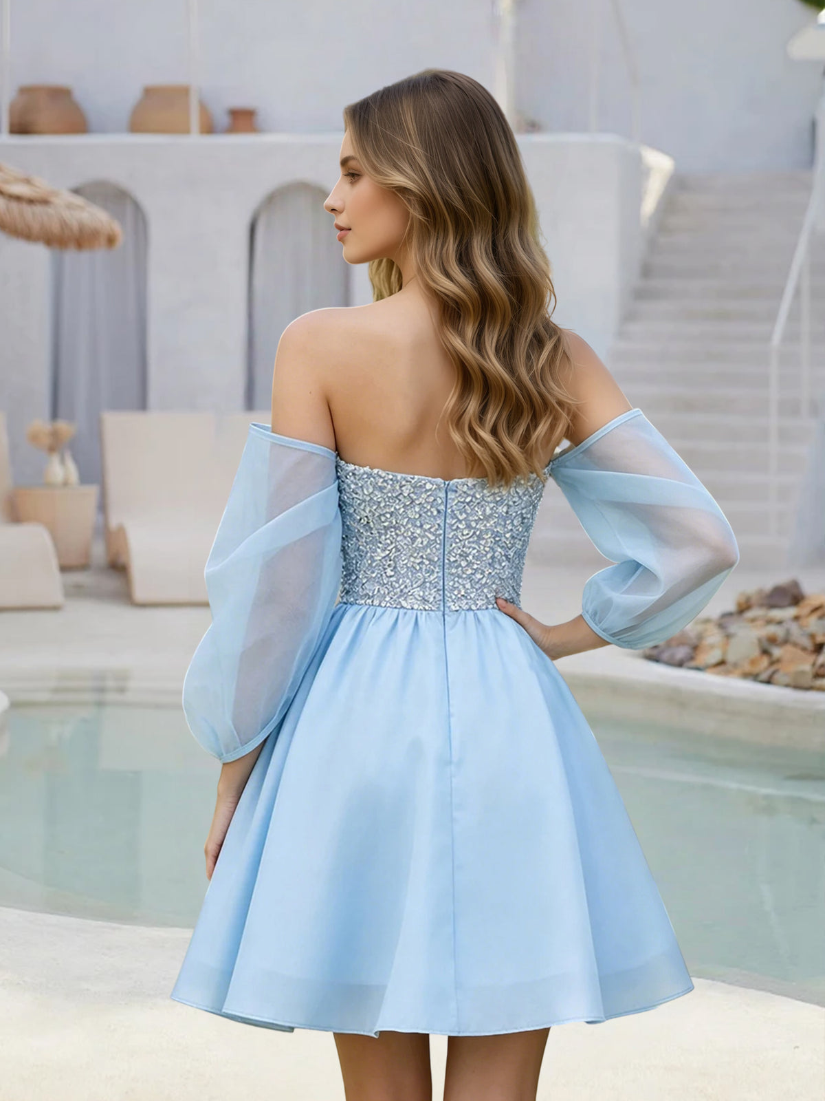 Cicinia Pretty Sky Blue Homecoming Dresses Short A-line Beaded Mini Length Party Dress