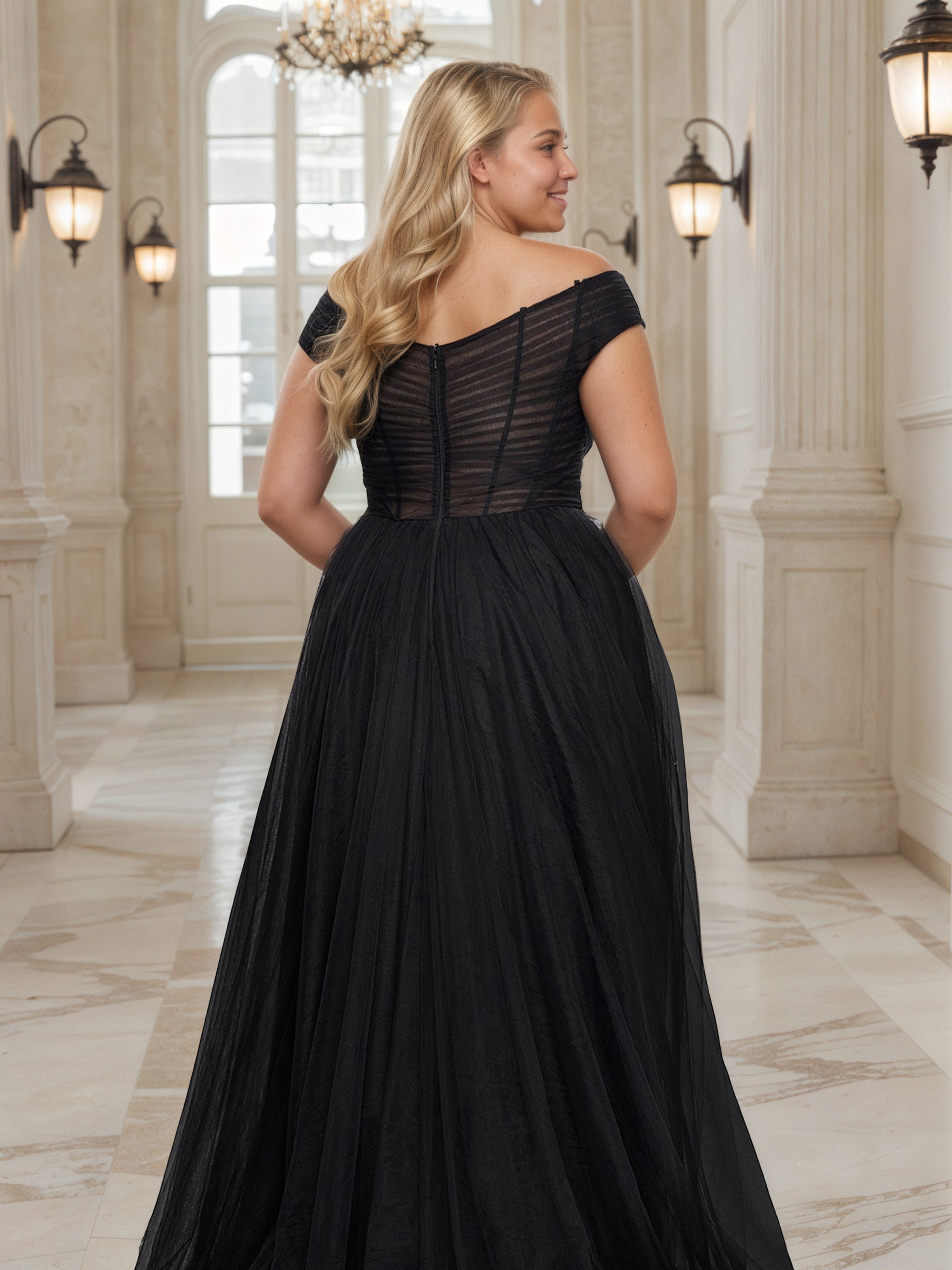 Elegant Floor Length Off The Shoulder Black Tulle Prom Dress With High Split