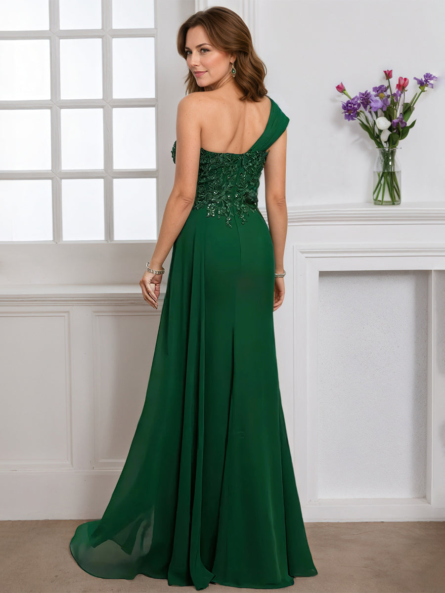 Cicinia One Shoulder Dark Green Mother Of The Bride Dress Long Chiffon Lace Sheath Floor Length Dress