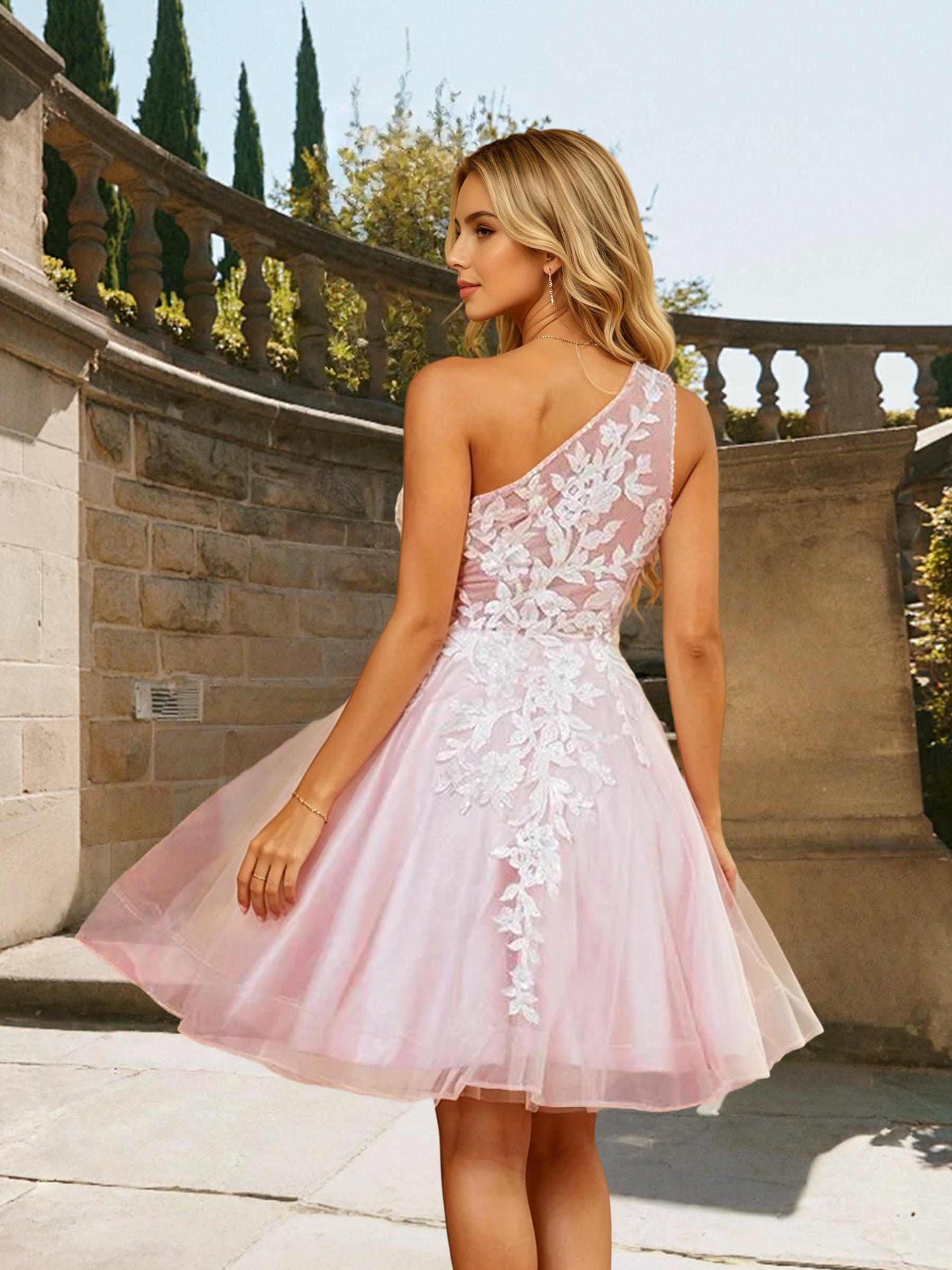 Cicinia One Shoulder Blushing Pink Homecoming Dresses Short Lace Tulle A-line Mini Length Princess Dress