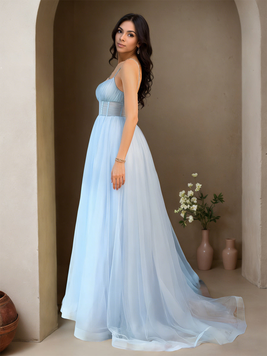 Cicinia Sky Blue Prom Dresses Long Tulle A-line Spaghetti Straps Fairy Dress