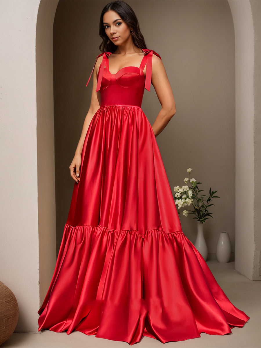 Cicinia Red Prom Dresses Long Soft Satin A-line Sweep Train Sweetheart Gowns With Straps