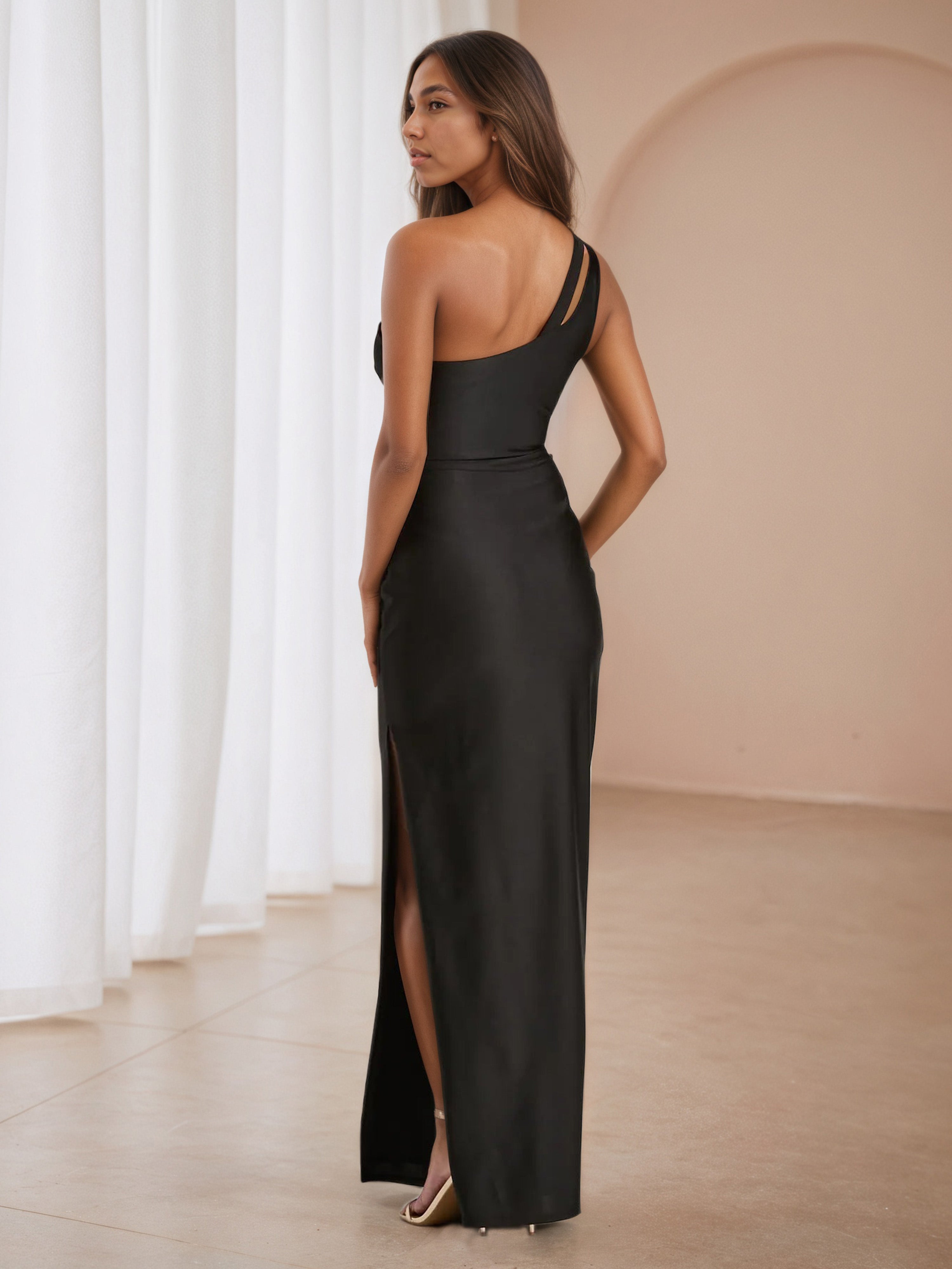 Trumpet/Mermaid Black Cut-Out One Shoulder Wedding Guest Dress with Split