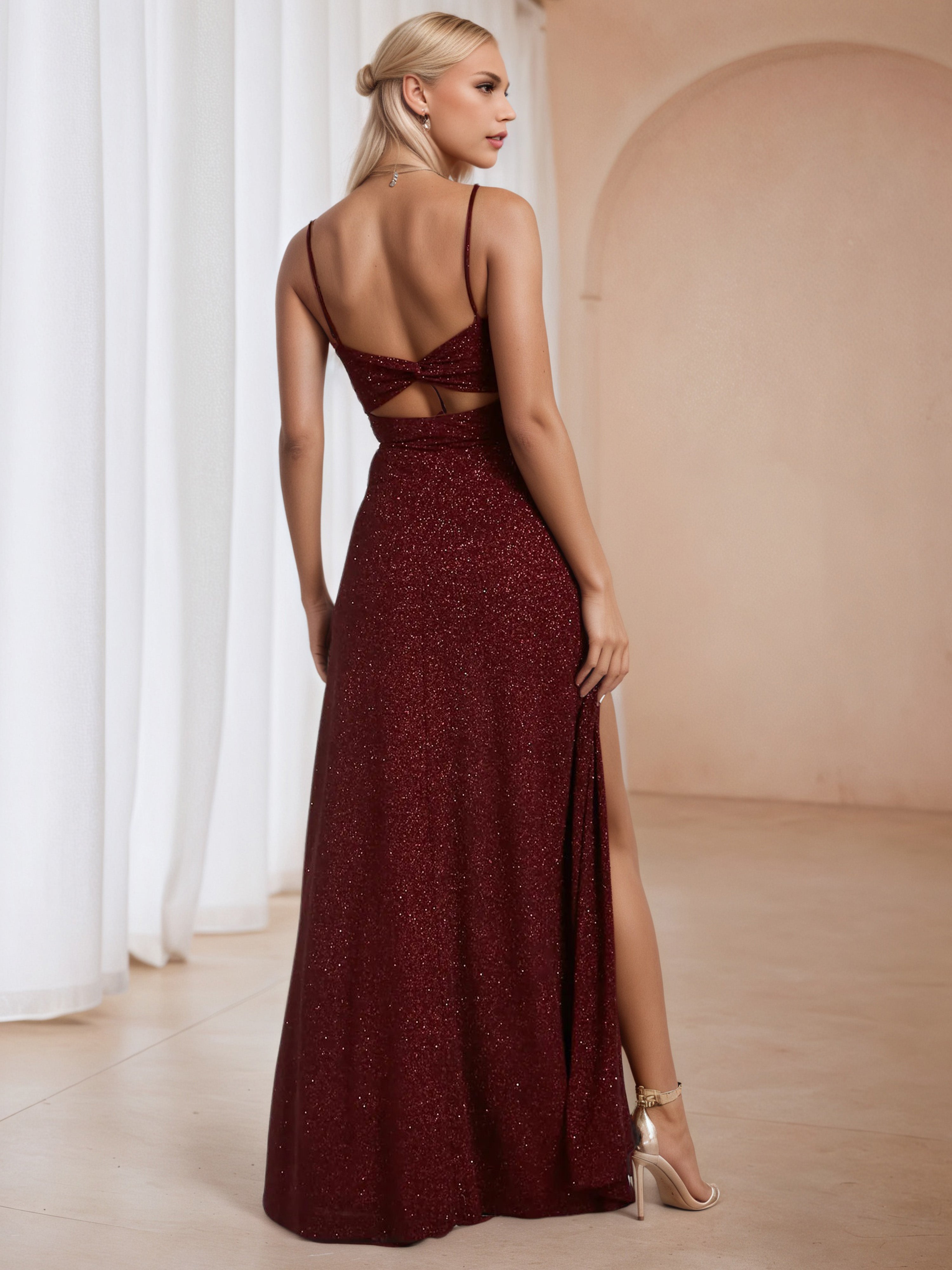 Glitter Burgundy Spaghetti Straps Wedding Guest Dress with Split
