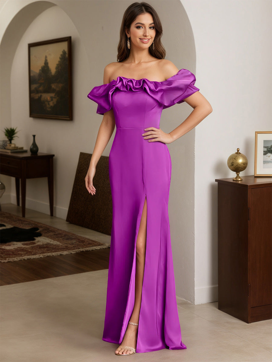 Cicinia Purple Prom Dresses Long Stretch Satin Sheath Off The Shoulder Floor Length