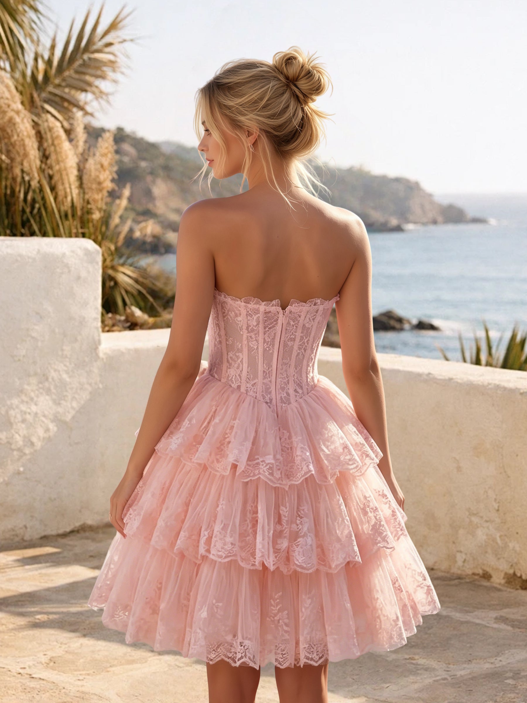 Cicinia Strapless Blush Homecoming Dresses Short Lace Layered A-line Mini Length Party Dress