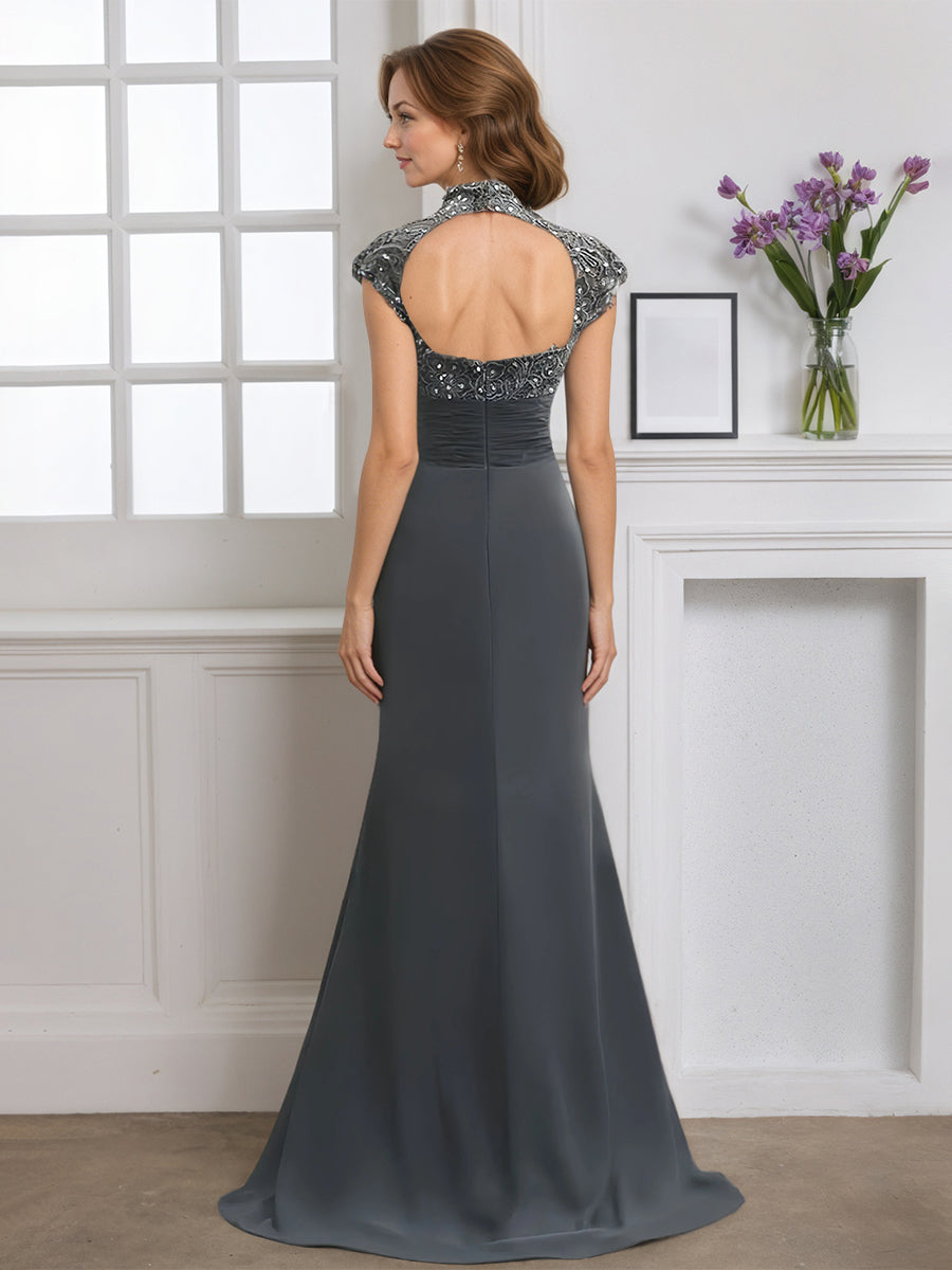 Cicinia Steel Grey Mother Of The Bride Dress Long Chiffon Lace Sheath High Neck Beaded