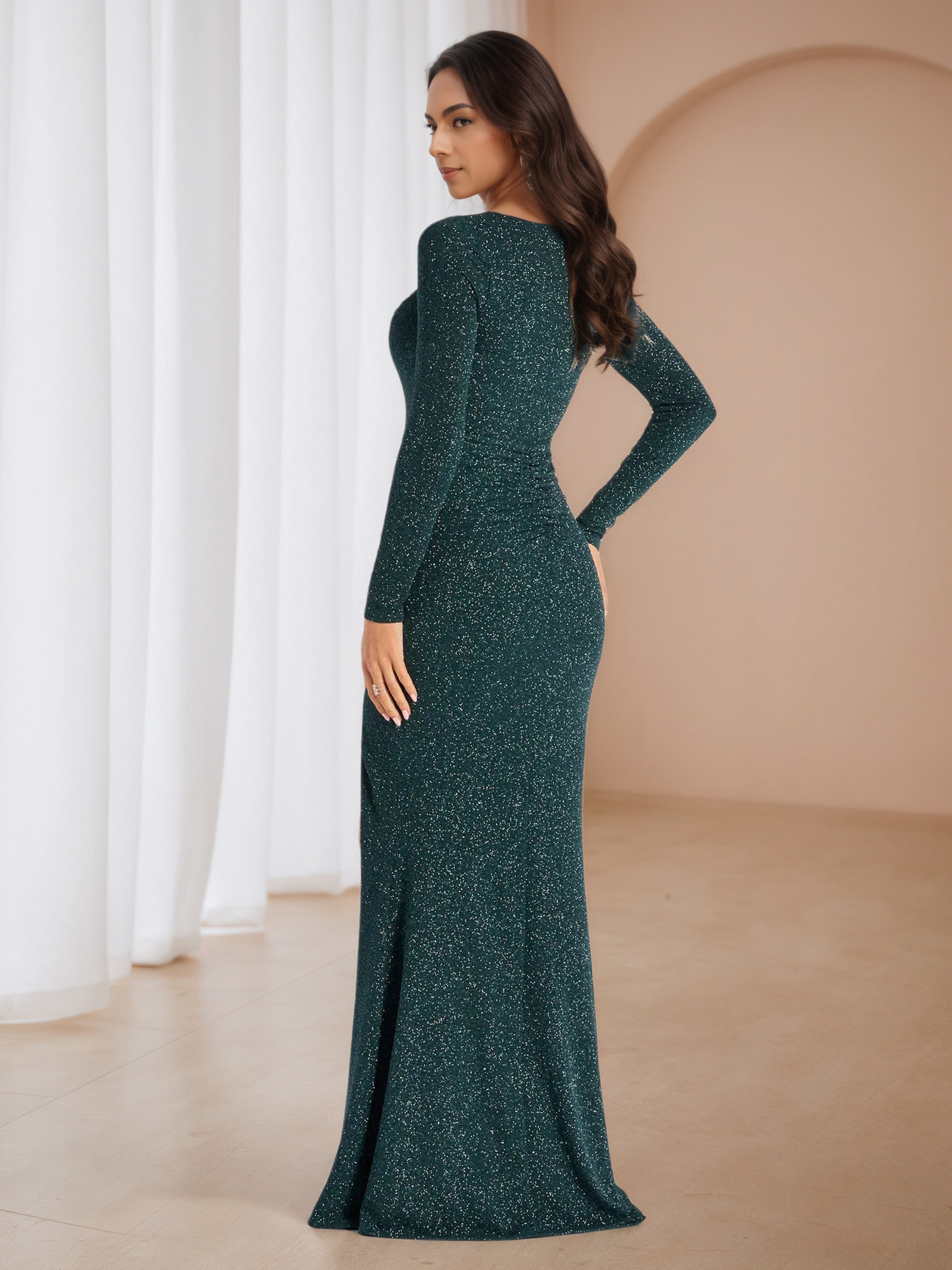 Peacock Square Neckline Long Sleeves Sweep/Brush Train Wedding Guest Dress