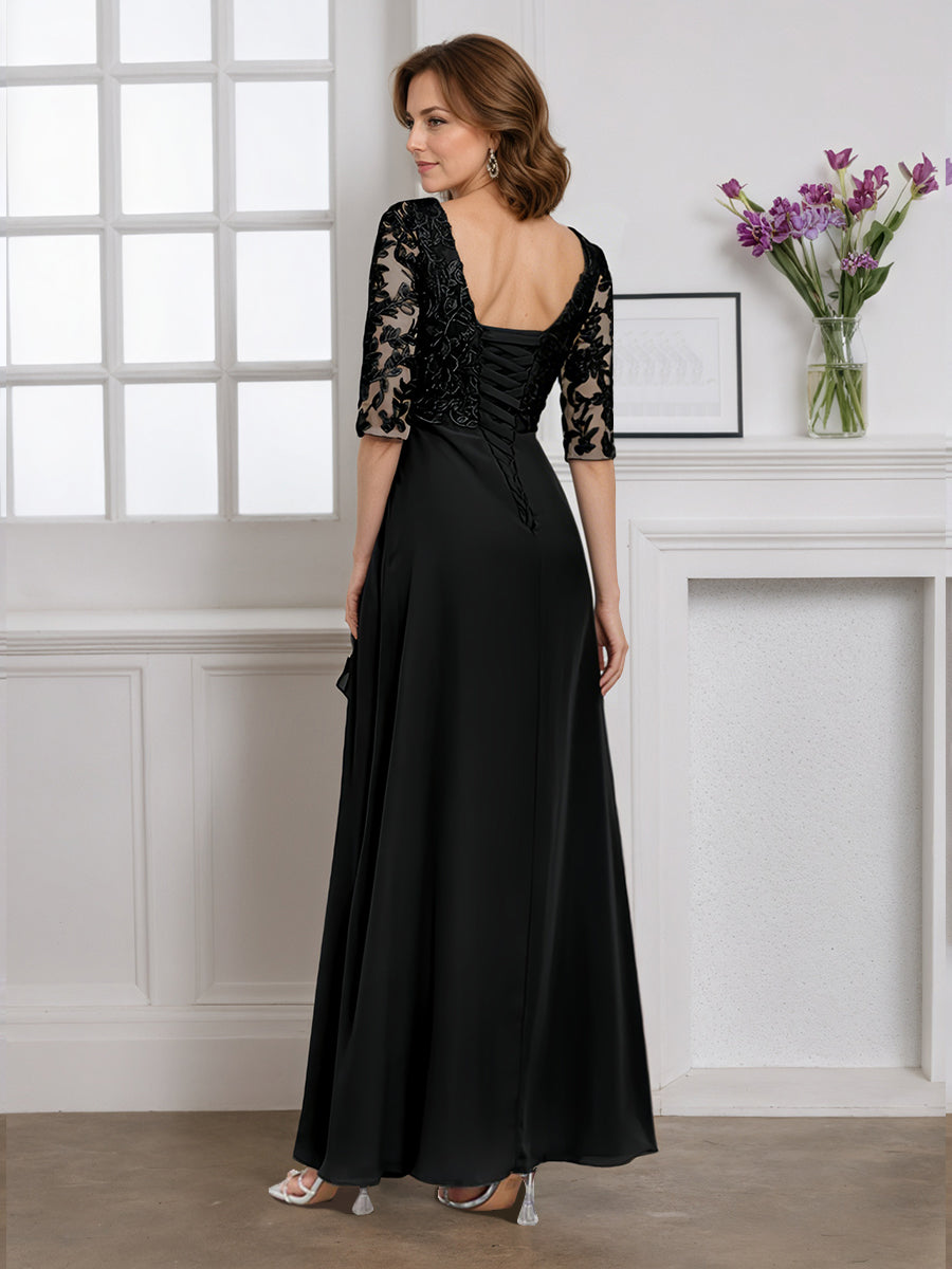 Cicinia Black Mother Of The Bride Dress Half Sleeves Long Chiffon Lace A-line V-neck Floor Length Gowns