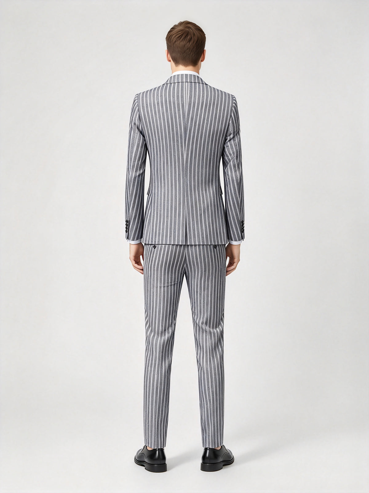 Cicinia Slim Fit 3 Pieces Peak Lapel Single Breasted Vest Vertical Stripe Grey Men's Suits