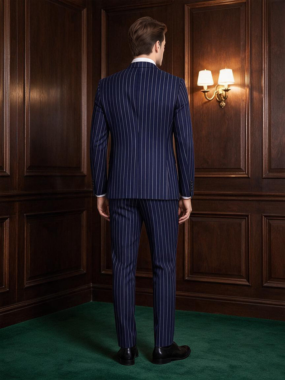 Cicinia Peak Lapel Navy Blue Men's Suits Slim Fit 2 Pieces Pinstripe Double Breasted Suit