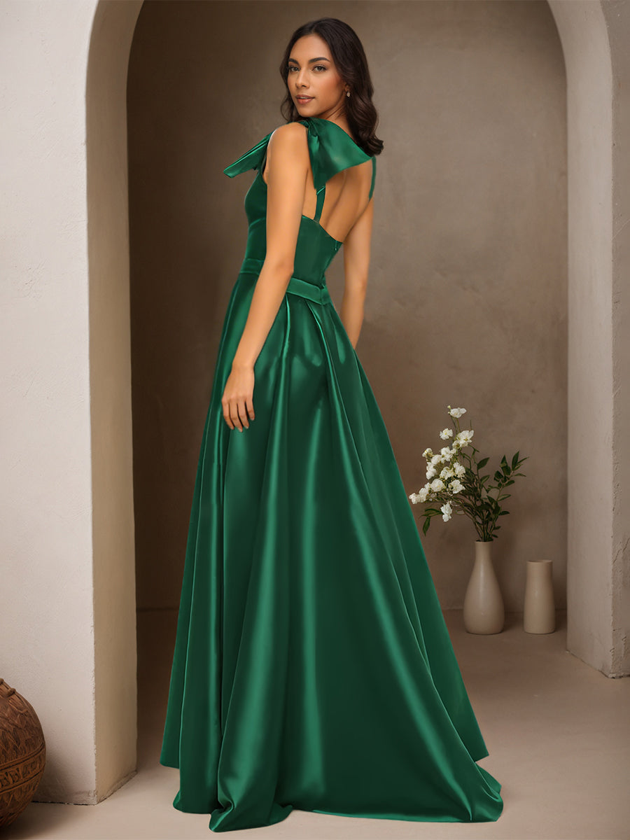 Cicinia Dark Green Prom Dresses Long Satin A-line One Shoulder Floor Length With Bowknot