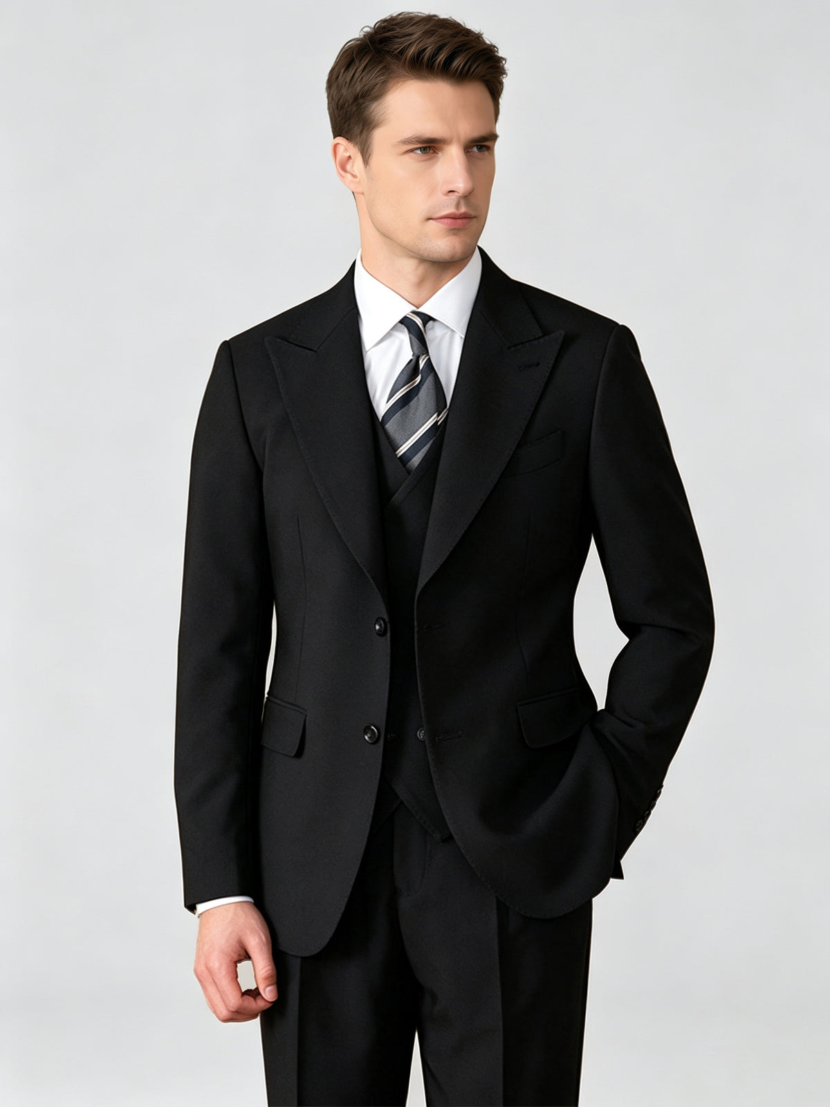 Cicinia Slim Fit Black Men's Suits Solid 3 Pieces Suit Peak Lapel Jacket Double Breasted Vest Trousers