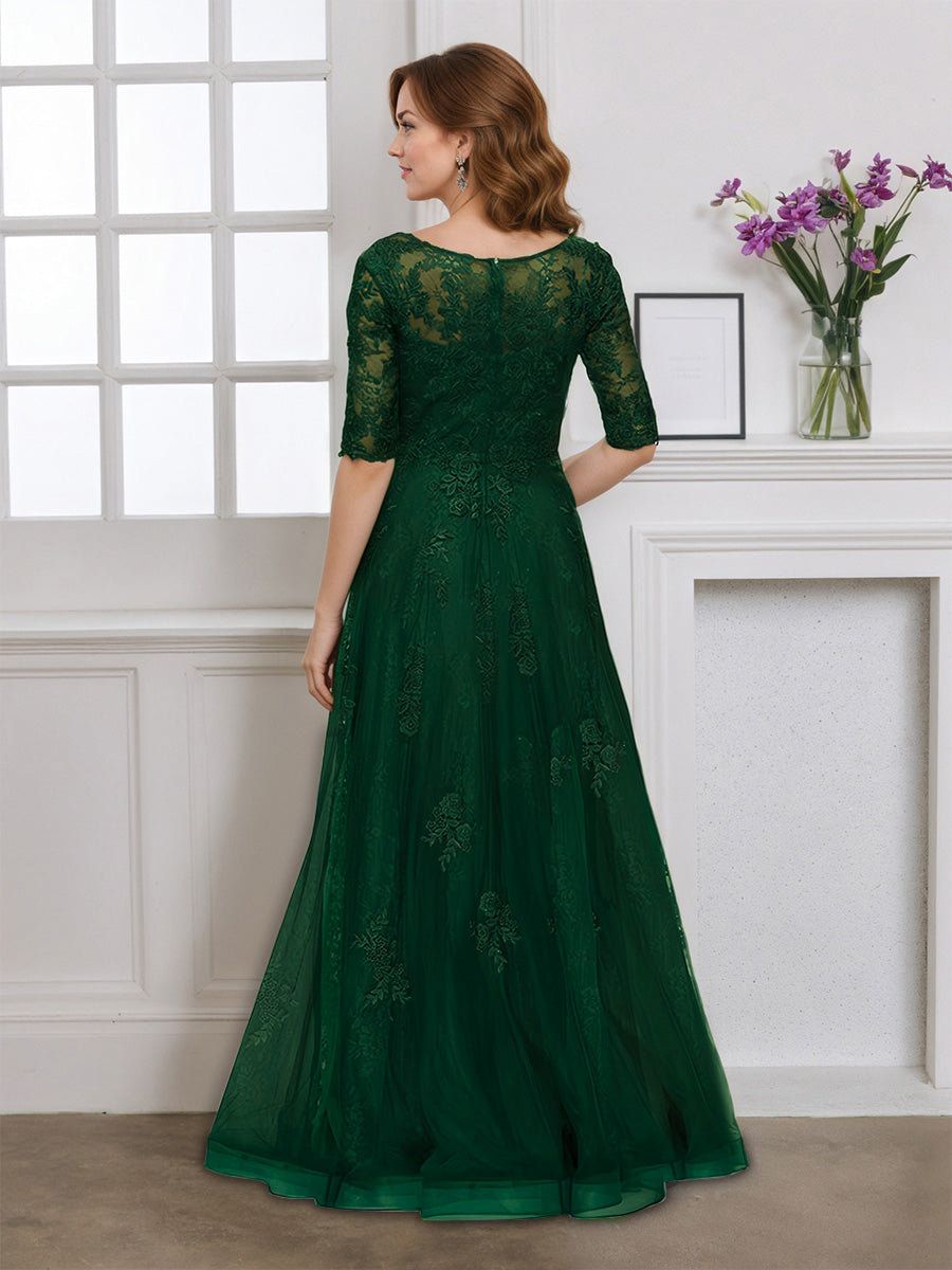 Cicinia Dark Green Mother Of The Bride Dress Half Sleeves Long Tulle Appliques Lace Floor Length