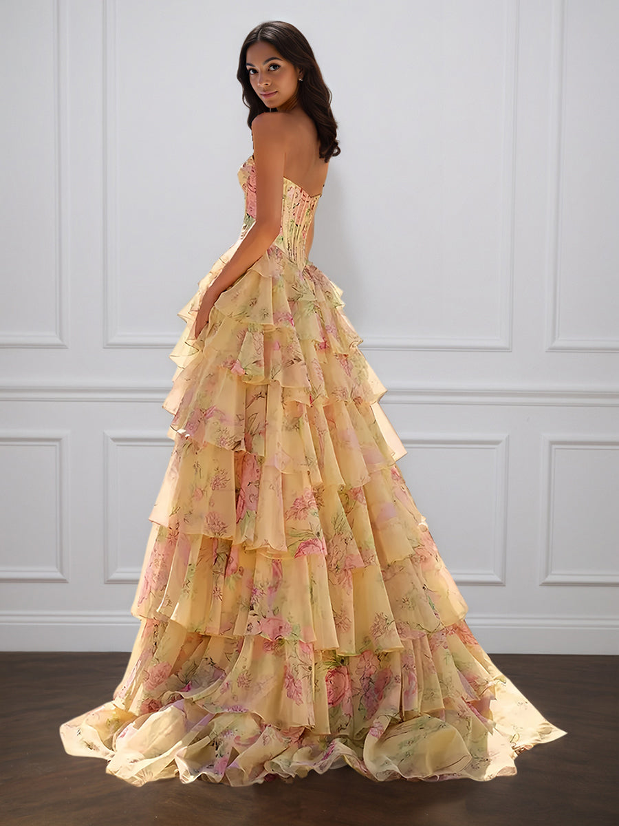 Cicinia Yellow Prom Dresses Long Printed Fabric A-line Sleeveless Slit Layered Gowns