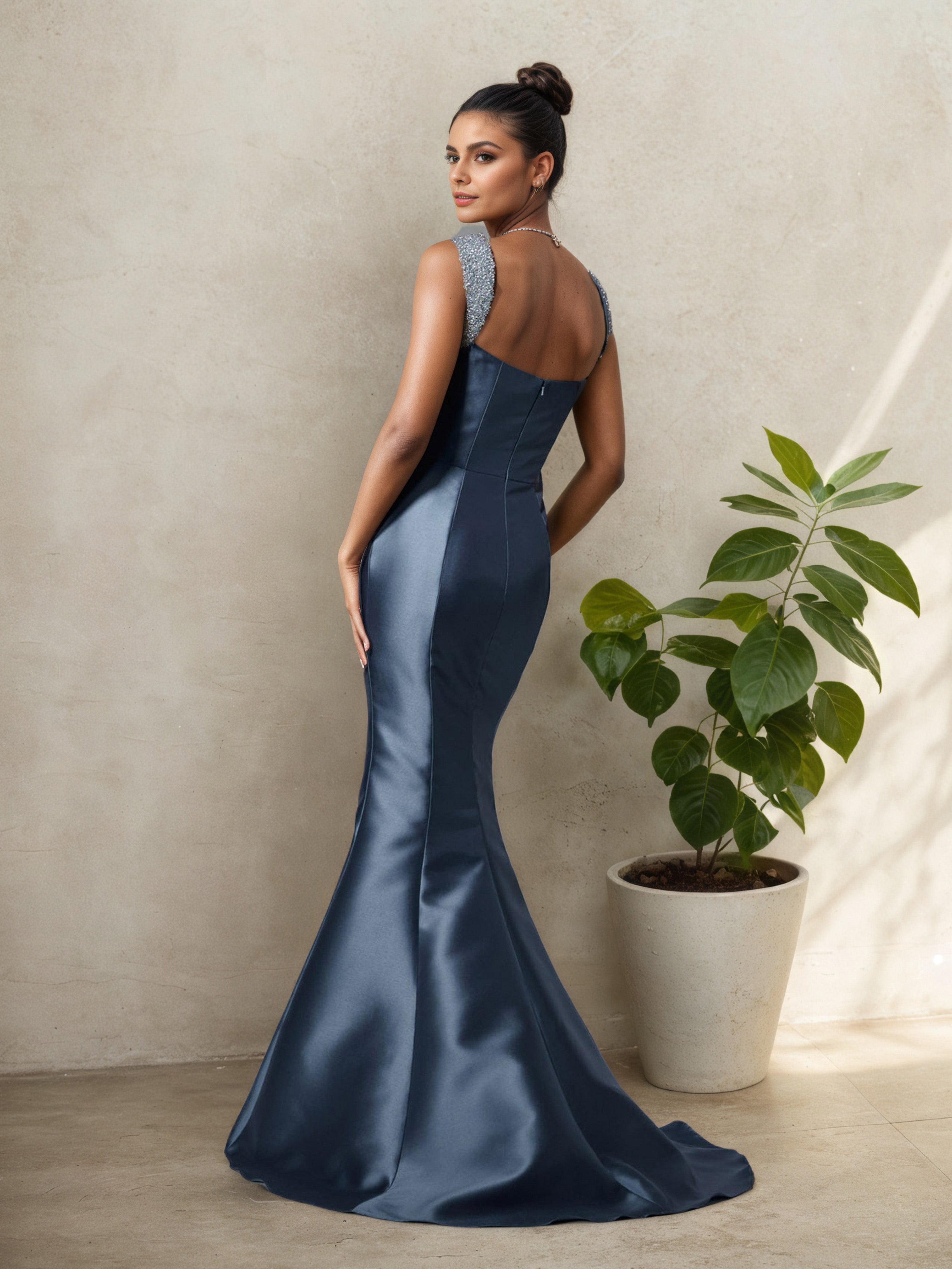 Satin Slate Blue Square Neck Sweep/Brush Train Mother Of The Bride Dress