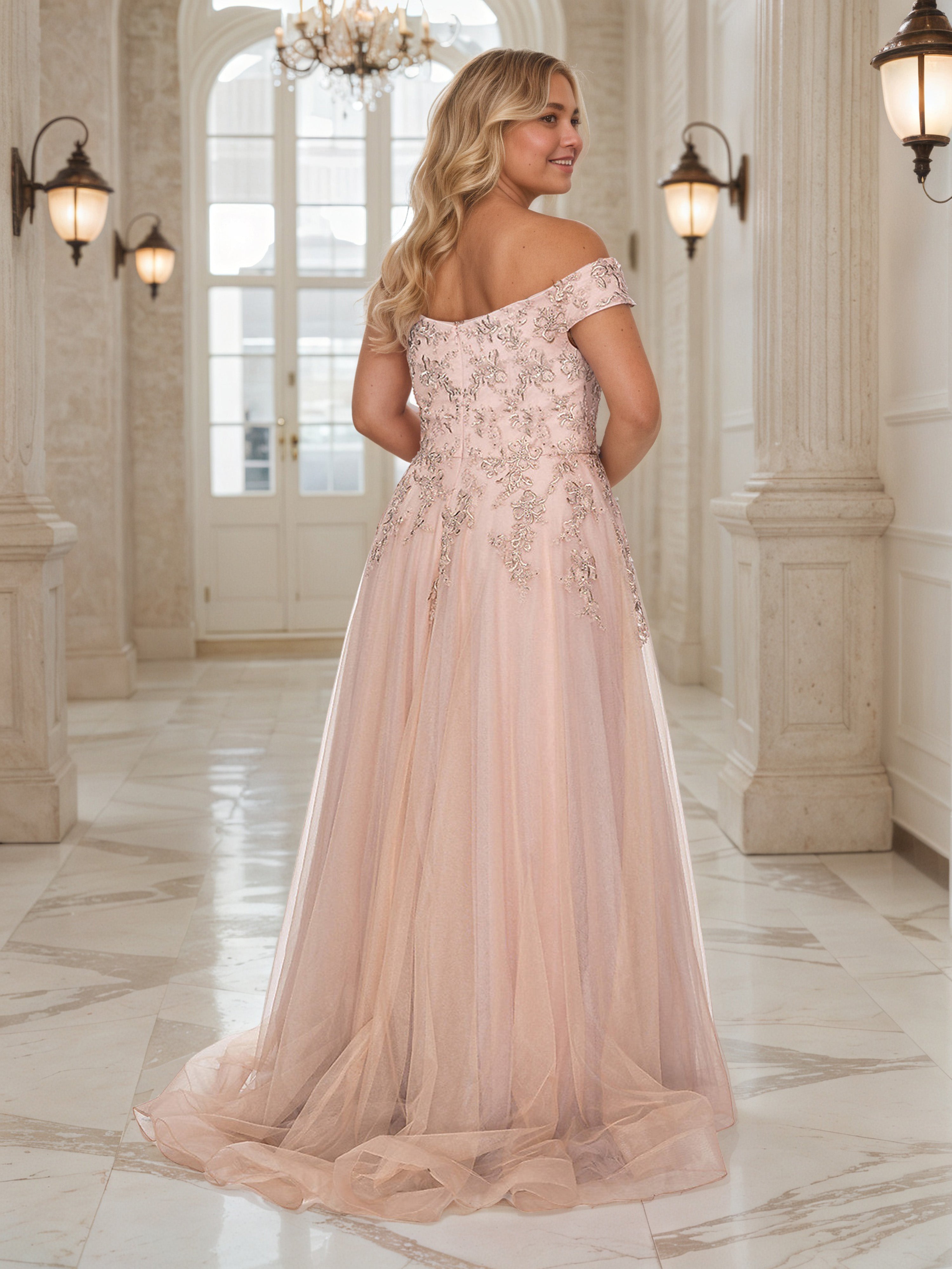 Off The Shoulder Pearl Pink Tulle Plus Size Prom Dress With Lace Appliques