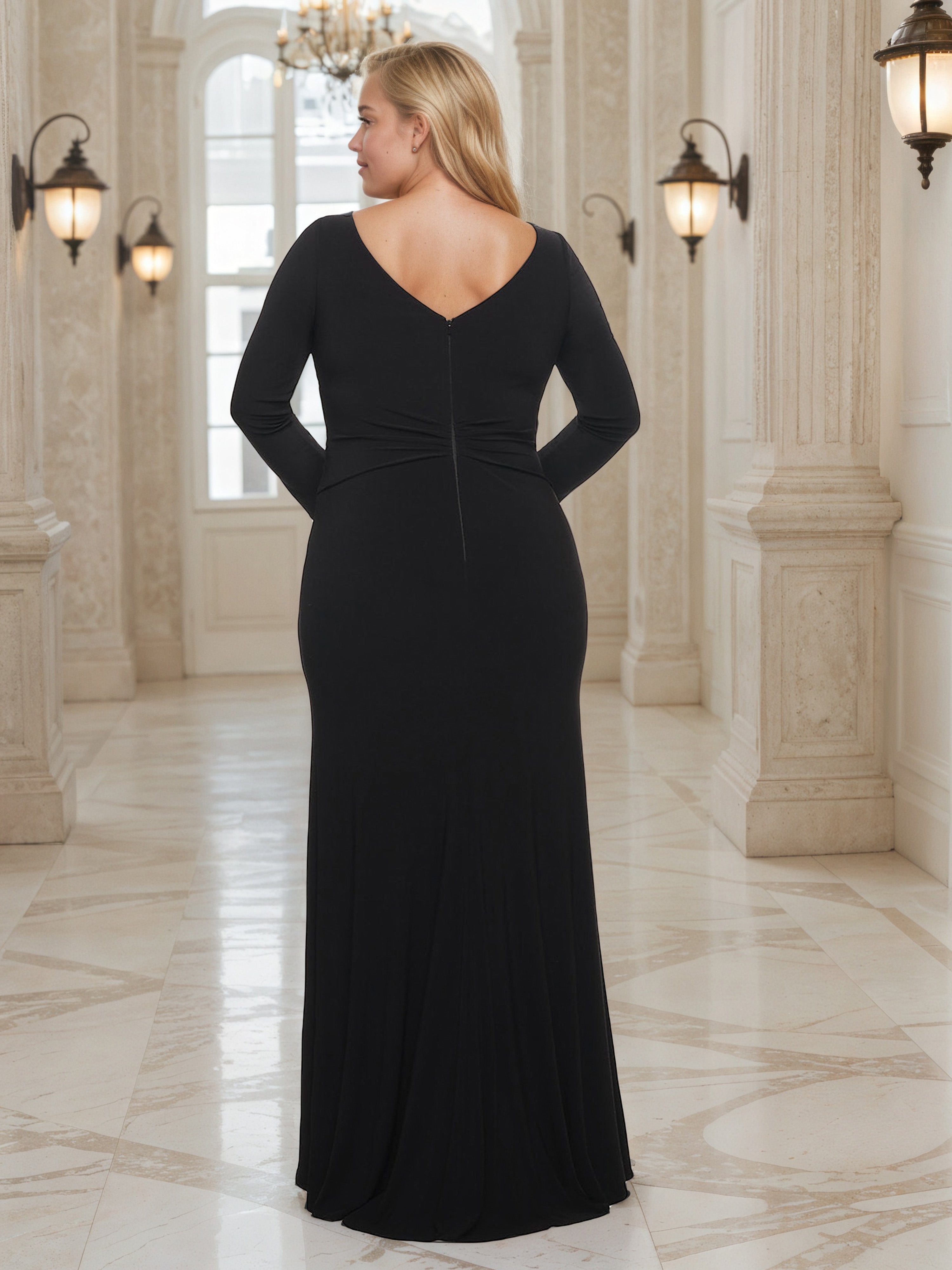 Simple Long Sleeves Black V-neck High Split Plus Size Prom Dress