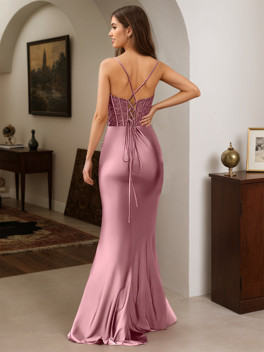 Cicinia Cameo Brown Prom Dresses Long Spaghetti Straps Sheath V-neck Slit Lace