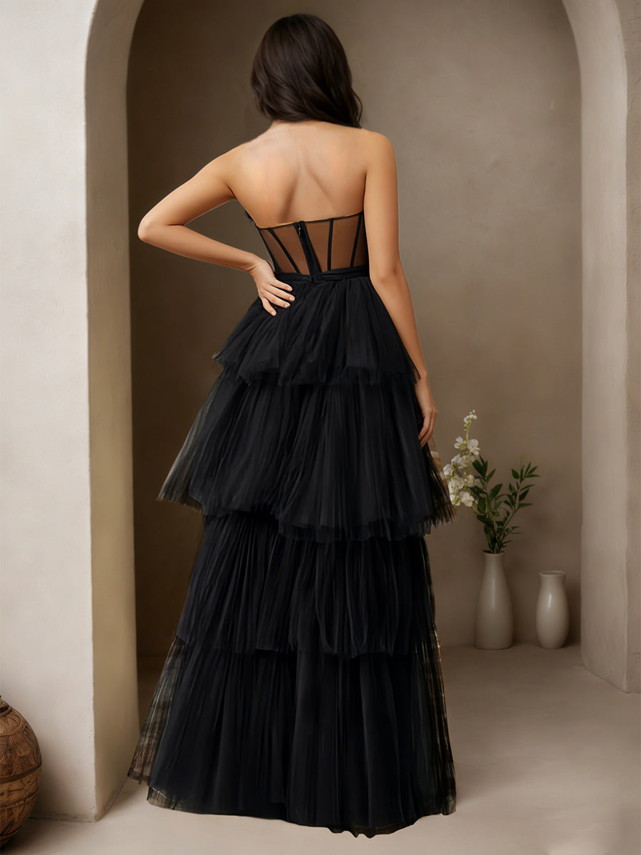 Cicinia Black Prom Dresses Long Tulle A-line Strapless Layered Slit