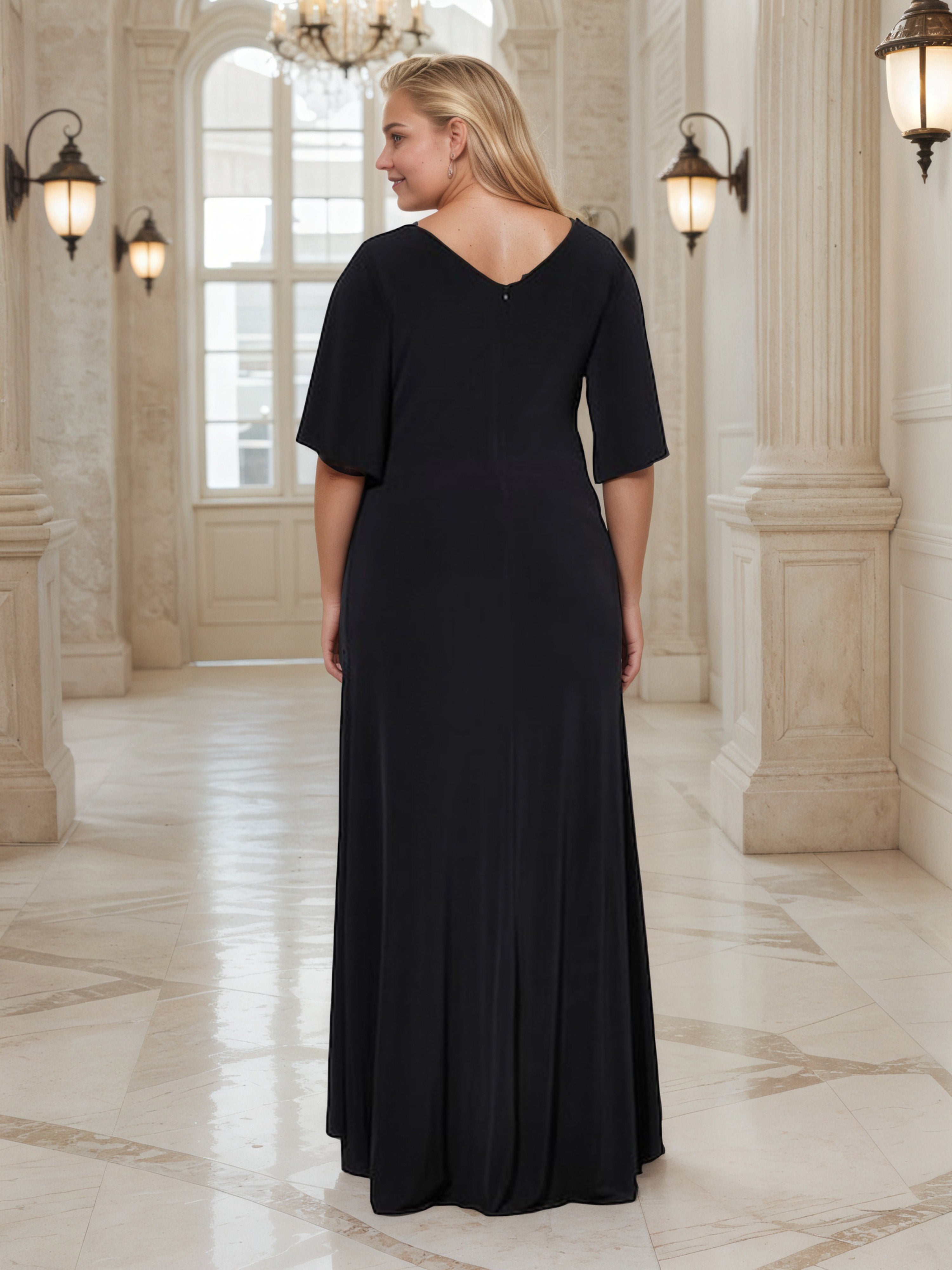 Half Sleeves Long V-neck Black Plus Size Prom Dress With Silver Decorates