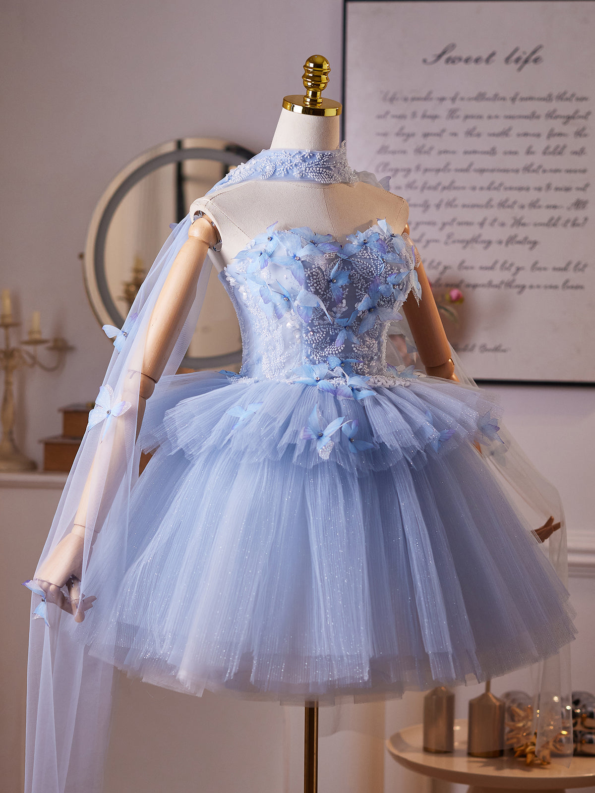 Cicinia 3D Butterfly Blue Homecoming Dresses Short Tulle A-line Strapless Princess Dress