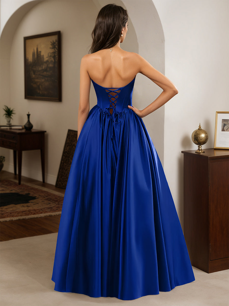 Cicinia Royal Blue Prom Dresses Long A-line Satin Strapless Floor Length Party Dress