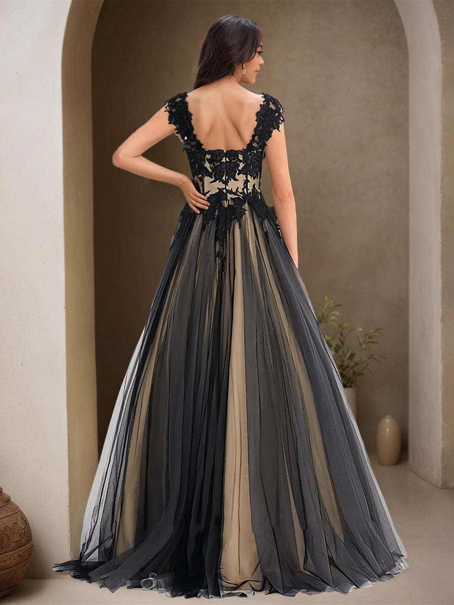 Cicinia Black Prom Dresses Long Tulle A-line Appliques Lace Sweep Train