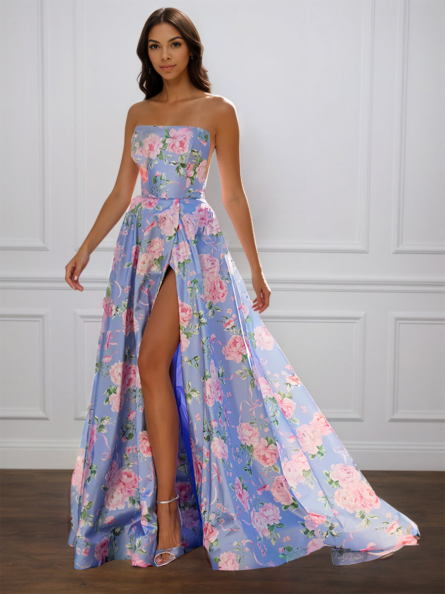Cicinia Blue Prom Dresses Long Printed Fabric A-line Slit Strapless Party Gown Sweep Train