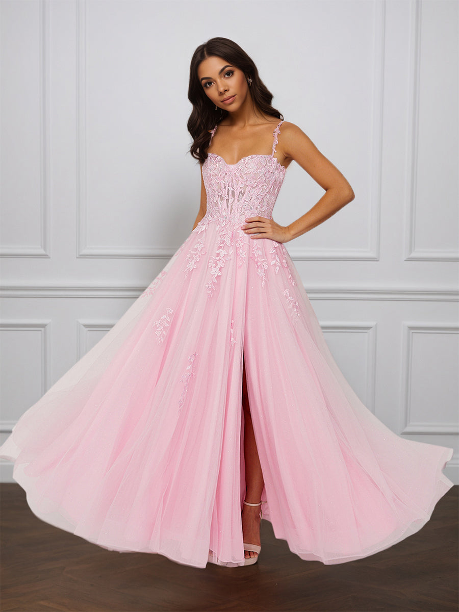 Cicinia Blushing Pink Prom Dresses Long Tulle A-line Appliques Lace Floor Length