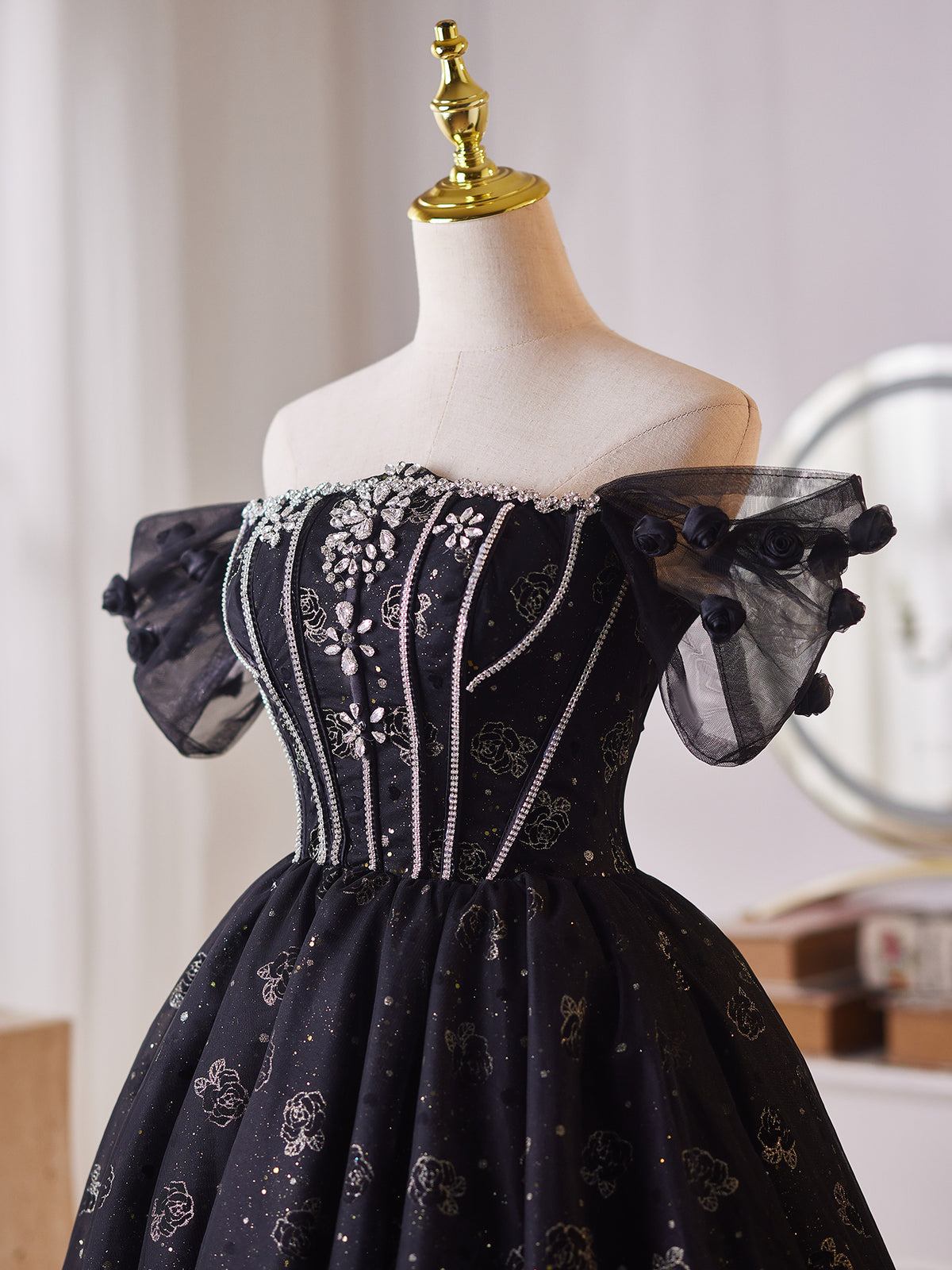 Cicinia Off The Shoulder Rose Print Tulle Black Homecoming Dresses Short A-line Mini Length Party Dress