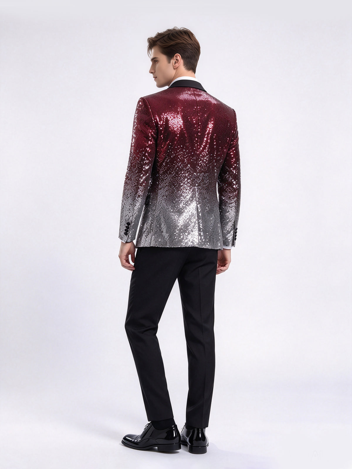 Cicinia 3 Pieces Slim Fit Peak Lapel Tuxedo Style Gradient Sequin Burgundy Silver Men's Suits