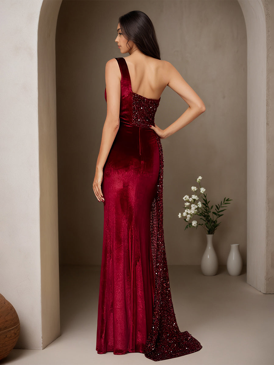 Cicinia Burgundy Prom Dresses Long Sequins Sheath One Shoulder Velvet Gowns